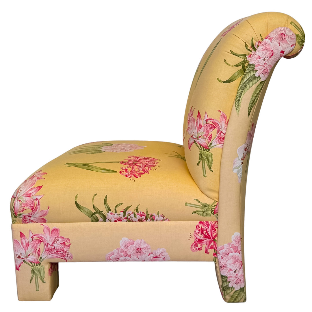 Pair of Palm Beach Regency Yellow Floral Slipper Chairs With Throw Pillows