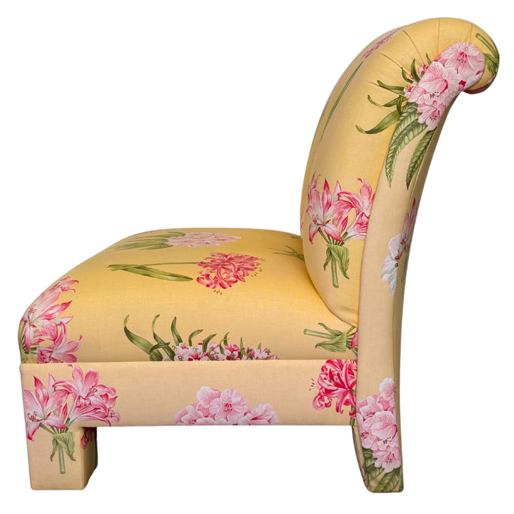 Pair of Palm Beach Regency Yellow Floral Slipper Chairs With Throw Pillows
