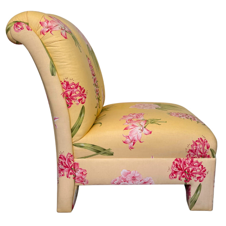 Pair of Palm Beach Regency Yellow Floral Slipper Chairs With Throw Pillows