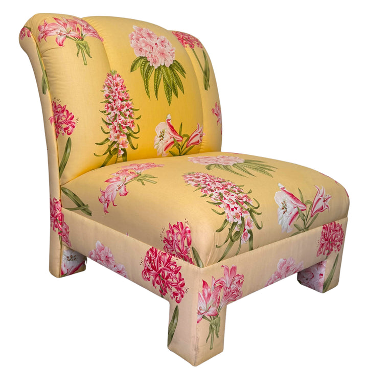 Pair of Palm Beach Regency Yellow Floral Slipper Chairs With Throw Pillows