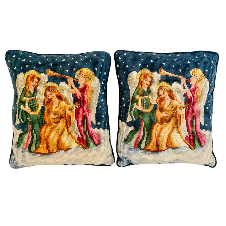 Pair of Petite Angel Needlepoint Christmas Pillows