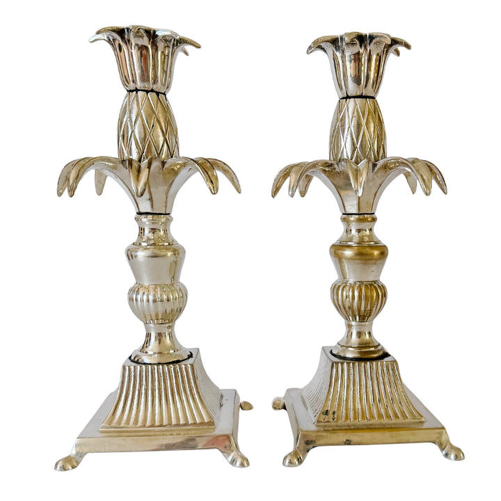 Pair of Regency Silver Plated Brass Pineapple Candlesticks