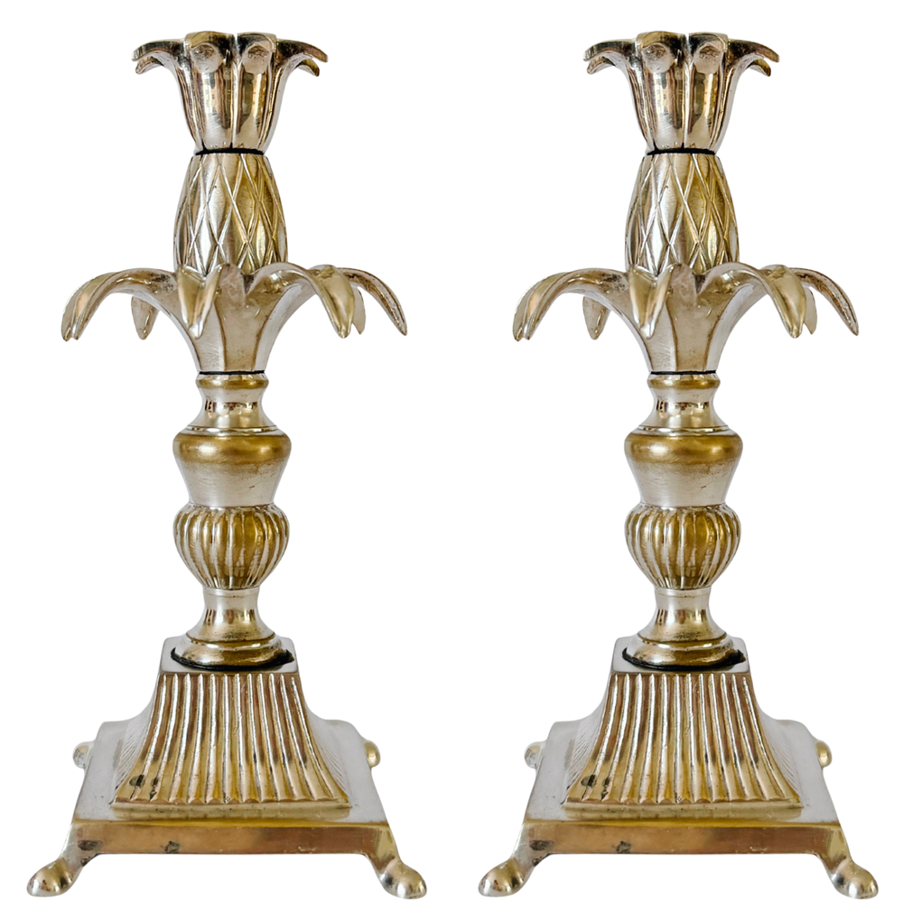 Pair of Regency Silver Plated Brass Pineapple Candlesticks