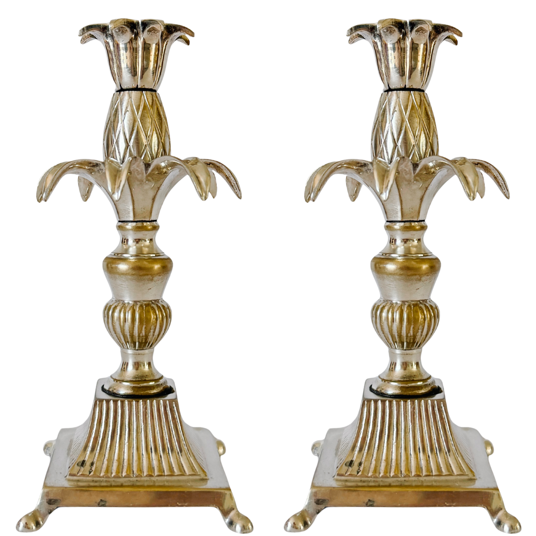 Pair of Regency Silver Plated Brass Pineapple Candlesticks