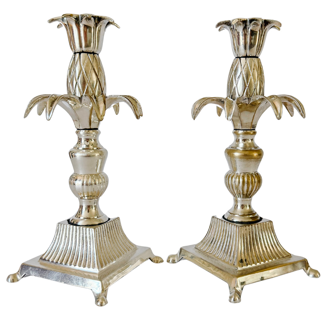 Pair of Regency Silver Plated Brass Pineapple Candlesticks