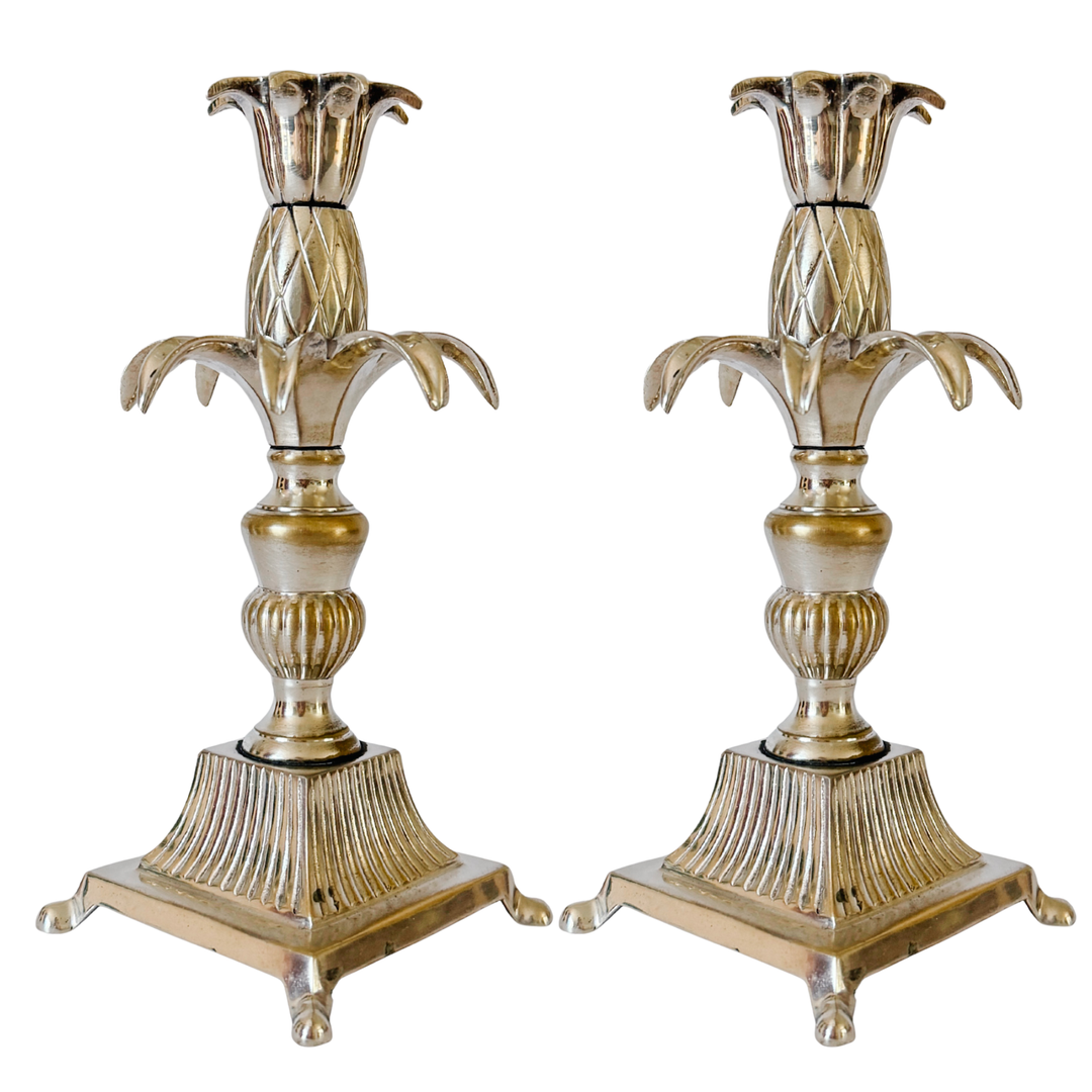 Pair of Regency Silver Plated Brass Pineapple Candlesticks
