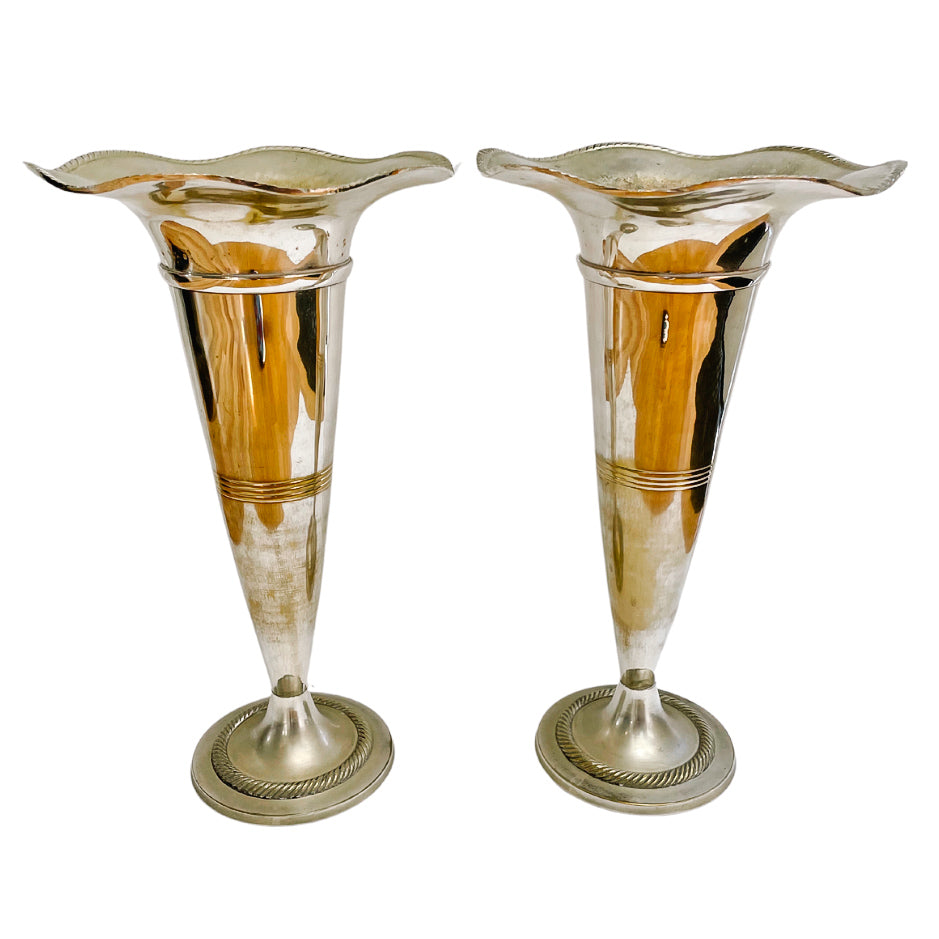 Pair of Tall Polished Pewter Trumpet Vases