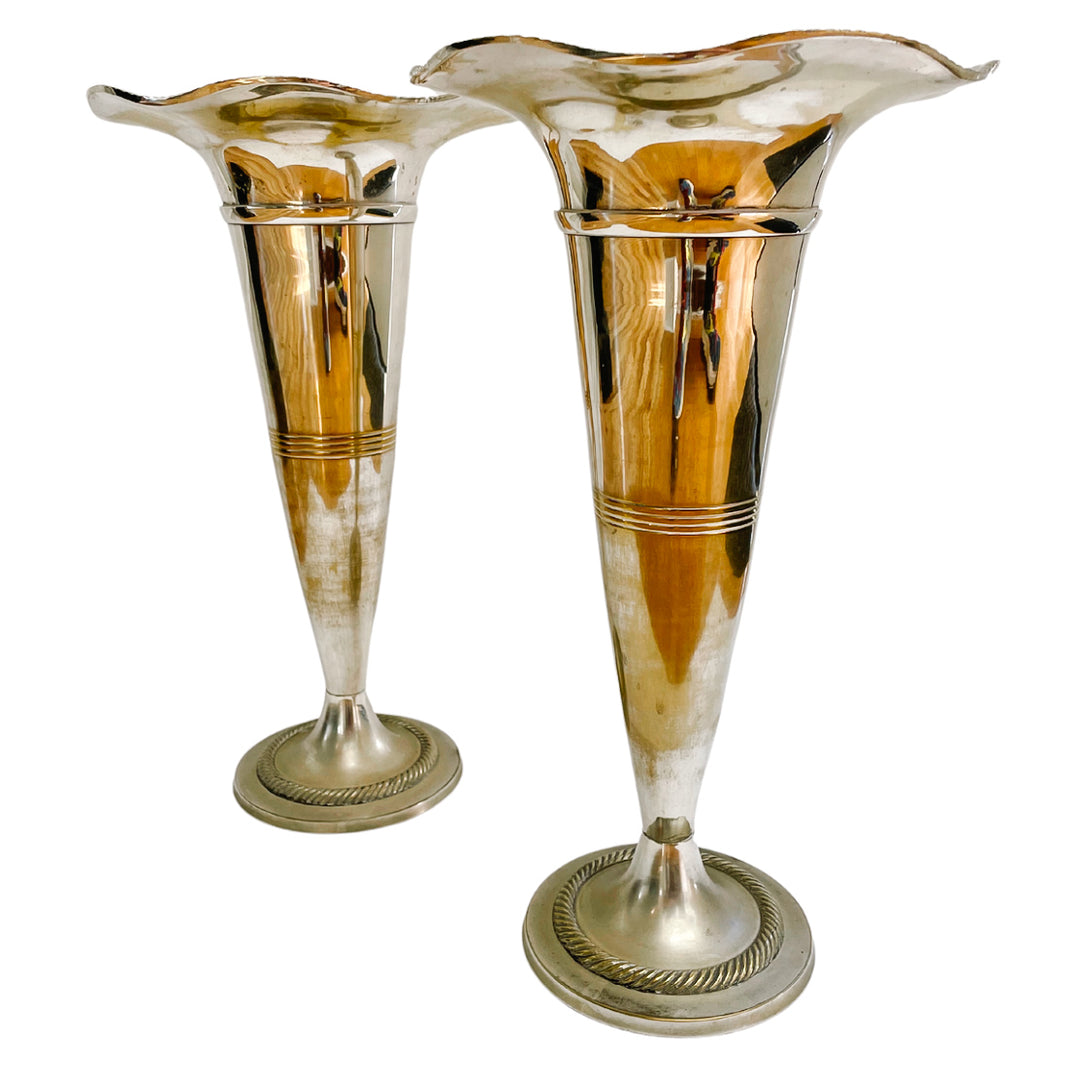 Pair of Tall Polished Pewter Trumpet Vases