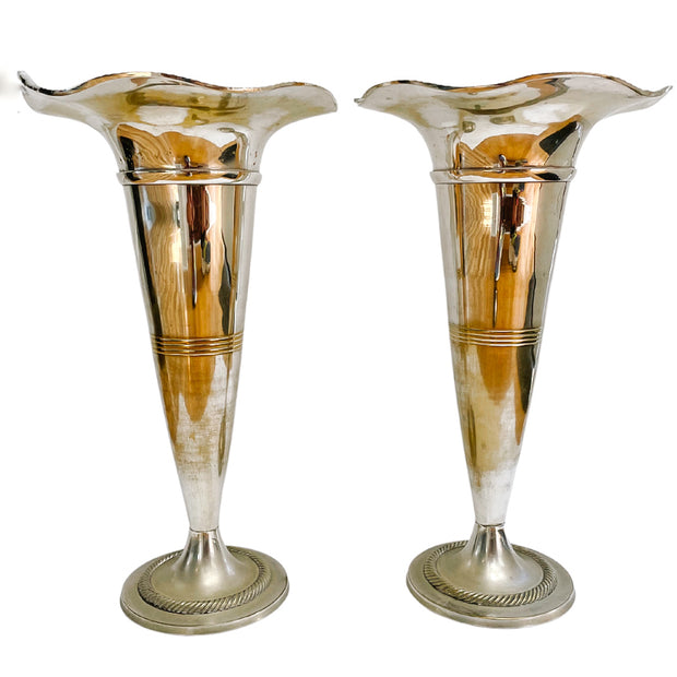 Pair of Tall Polished Pewter Trumpet Vases