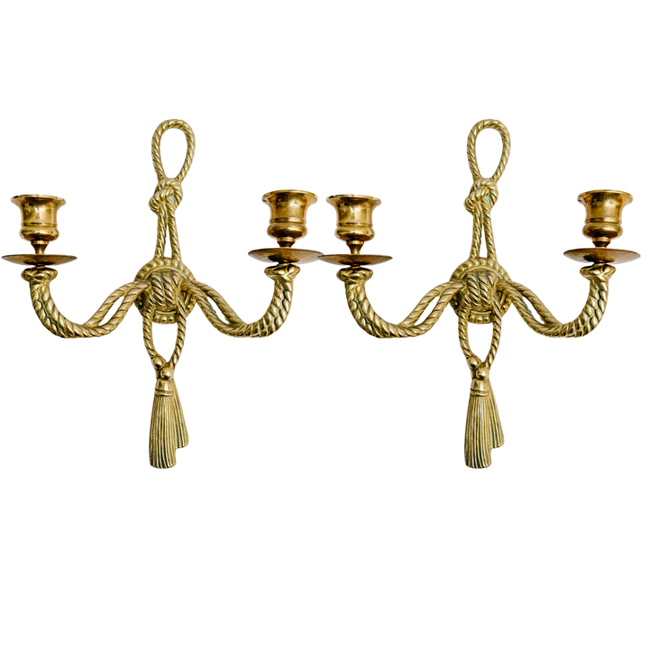 Pair of Vintage Andrea by Sadek Brass Rope & Tassel Two-Light Wall Sconces