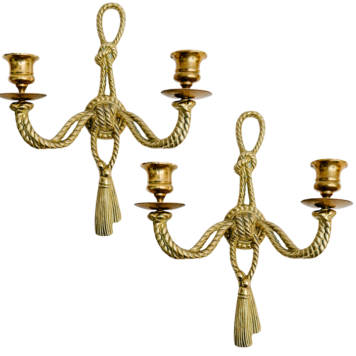 Pair of Vintage Andrea by Sadek Brass Rope & Tassel Two-Light Wall Sconces