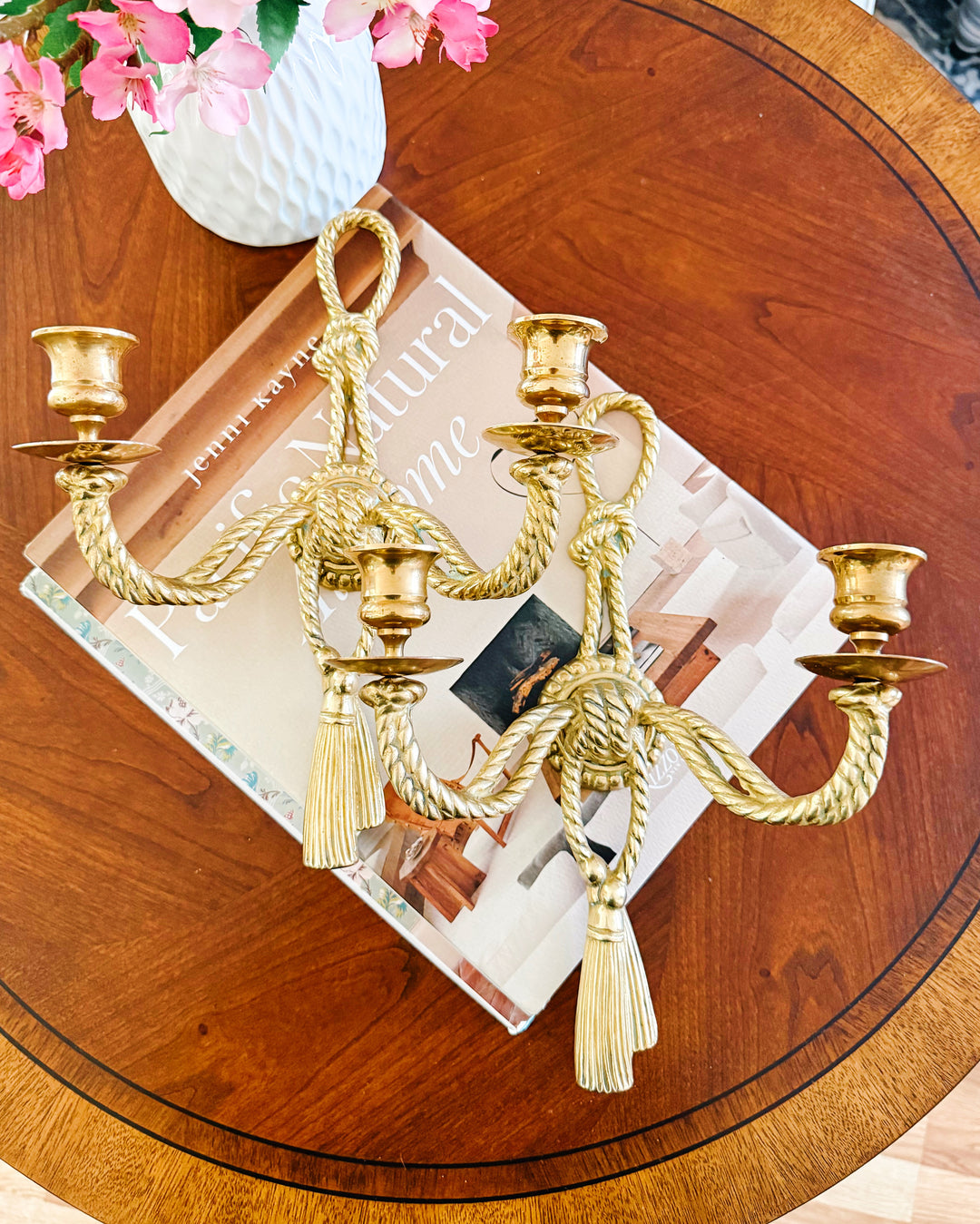 Pair of Vintage Andrea by Sadek Brass Rope & Tassel Two-Light Wall Sconces