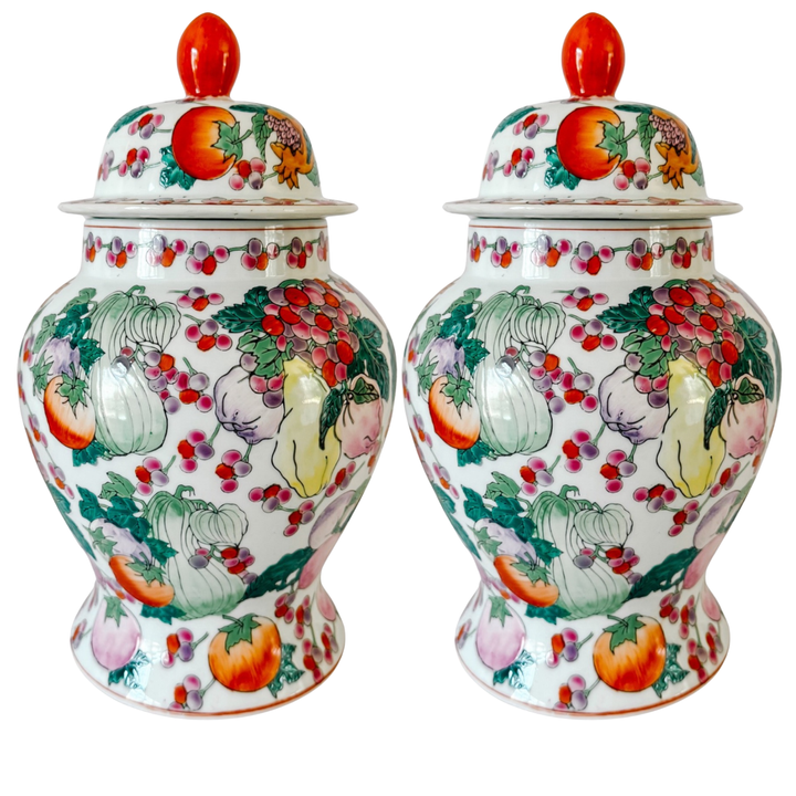 Pair of Vintage Chinese Export Porcelain Fruit Motif Temple Jars
