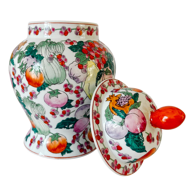 Pair of Vintage Chinese Export Porcelain Fruit Motif Temple Jars