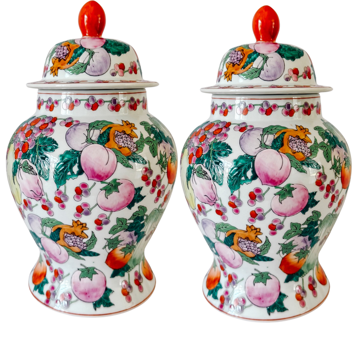 Pair of Vintage Chinese Export Porcelain Fruit Motif Temple Jars