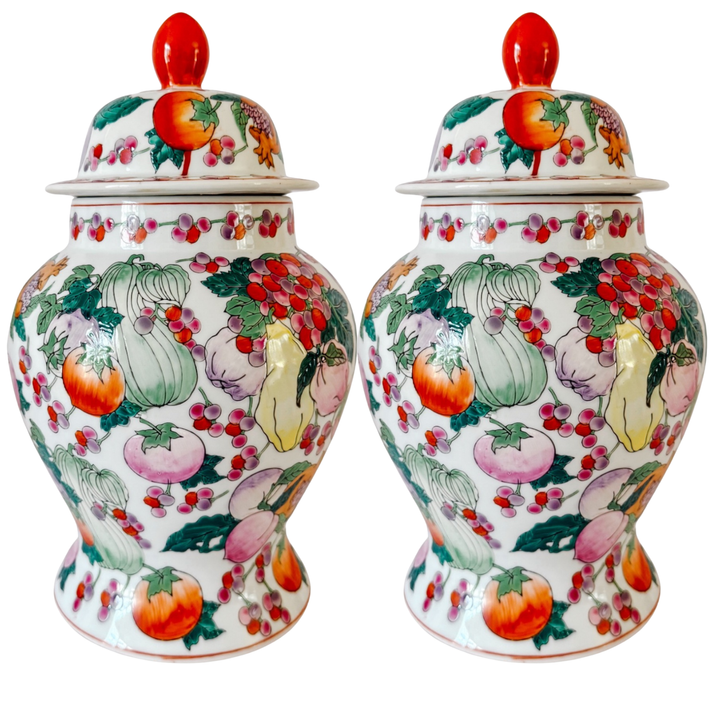 Pair of Vintage Chinese Export Porcelain Fruit Motif Temple Jars