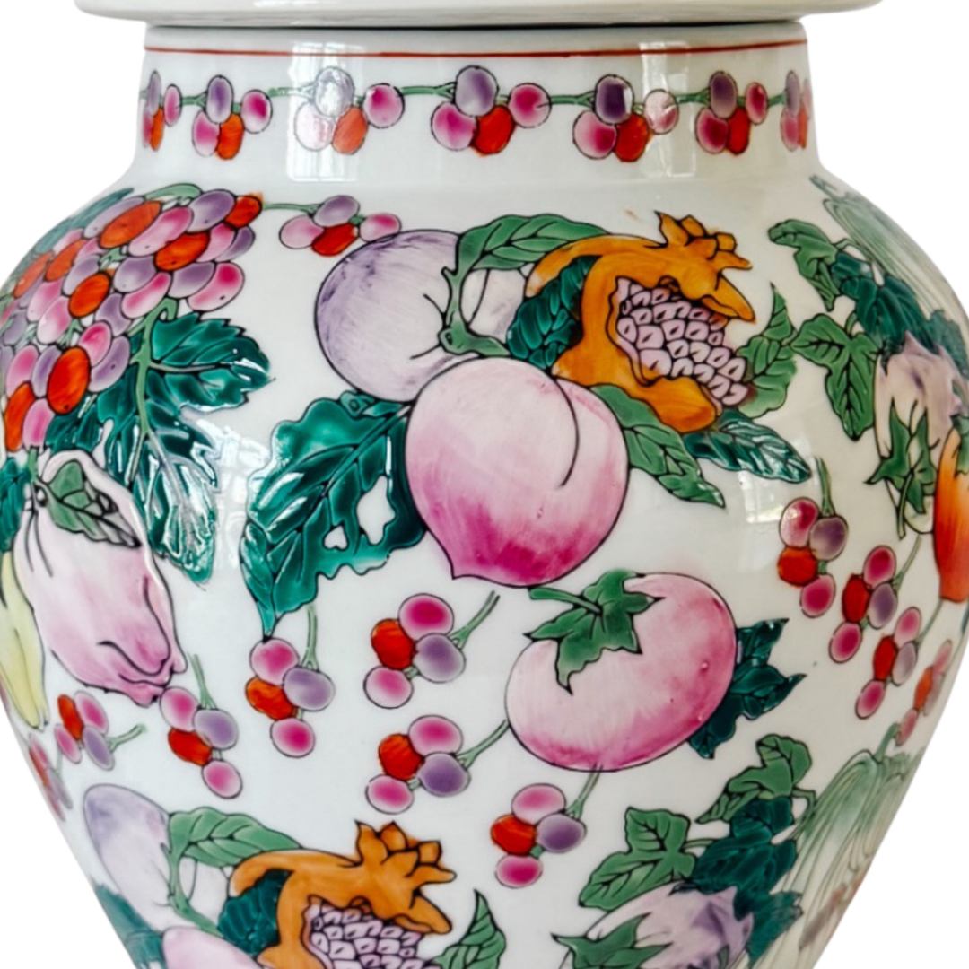 Pair of Vintage Chinese Export Porcelain Fruit Motif Temple Jars