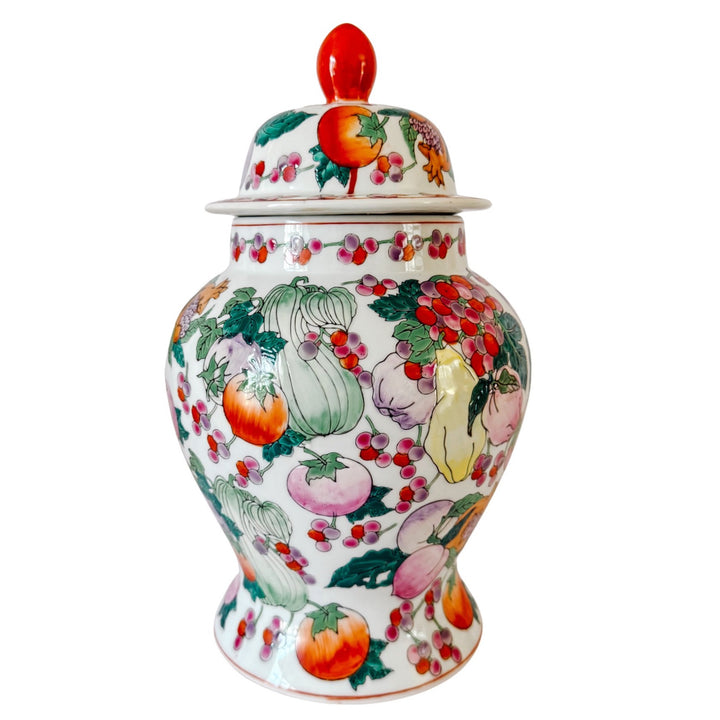 Pair of Vintage Chinese Export Porcelain Fruit Motif Temple Jars