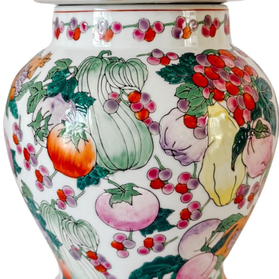 Pair of Vintage Chinese Export Porcelain Fruit Motif Temple Jars