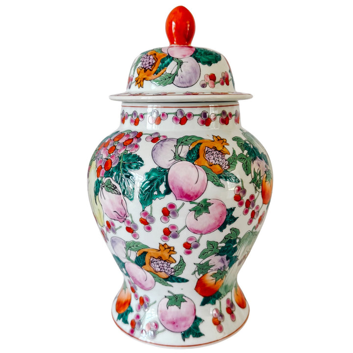 Pair of Vintage Chinese Export Porcelain Fruit Motif Temple Jars