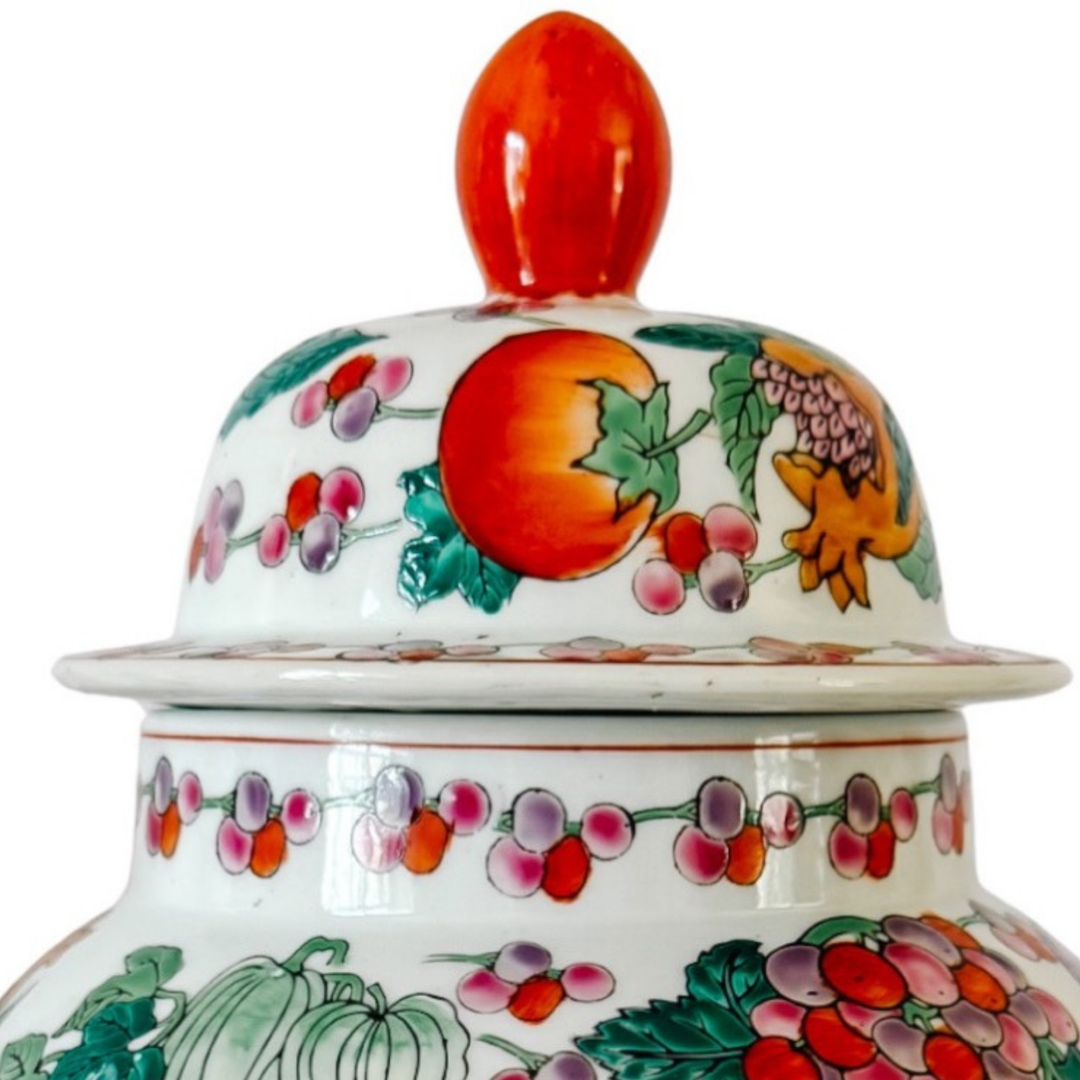 Pair of Vintage Chinese Export Porcelain Fruit Motif Temple Jars
