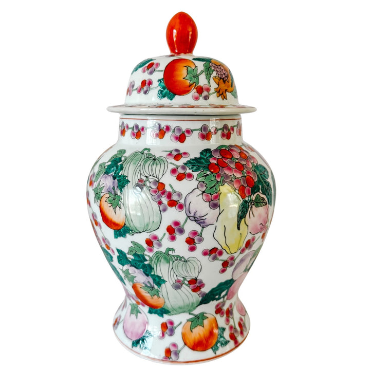 Pair of Vintage Chinese Export Porcelain Fruit Motif Temple Jars