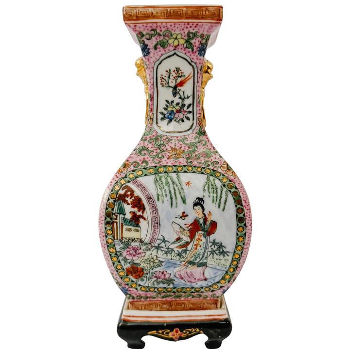 Pair of Vintage Chinese Famille Rose Petite Square Baluster Vases With Removable Stands