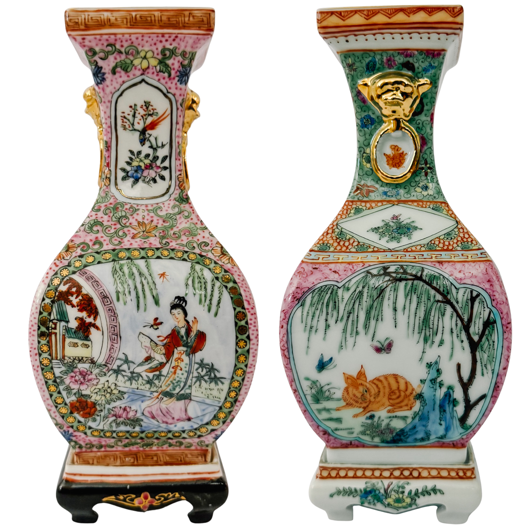 Pair of Vintage Chinese Famille Rose Petite Square Baluster Vases With Removable Stands