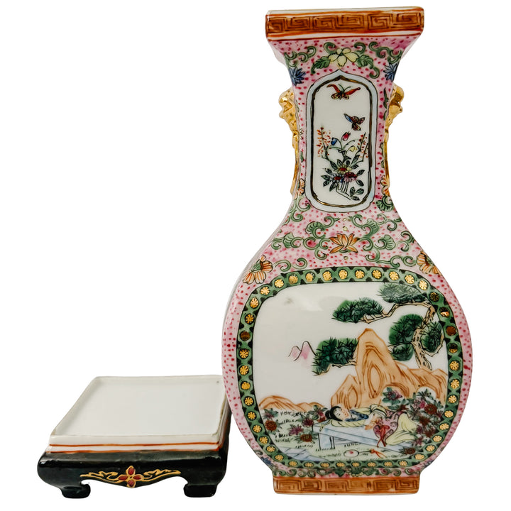 Pair of Vintage Chinese Famille Rose Petite Square Baluster Vases With Removable Stands
