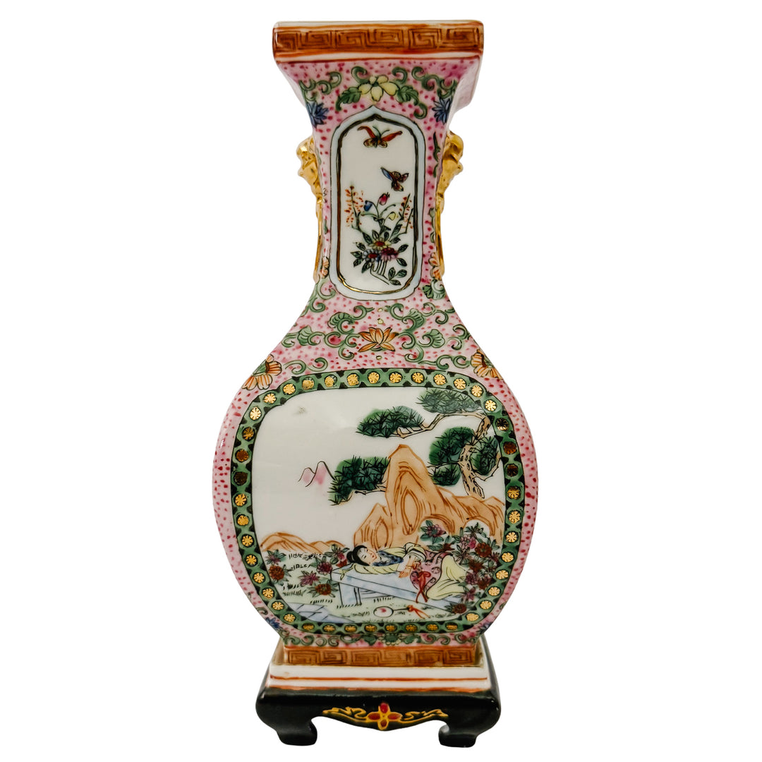 Pair of Vintage Chinese Famille Rose Petite Square Baluster Vases With Removable Stands