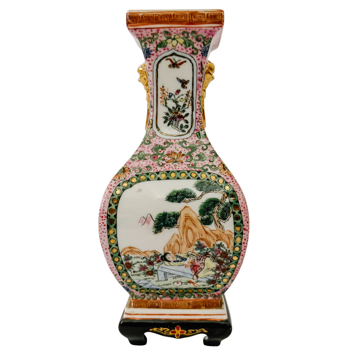Pair of Vintage Chinese Famille Rose Petite Square Baluster Vases With Removable Stands