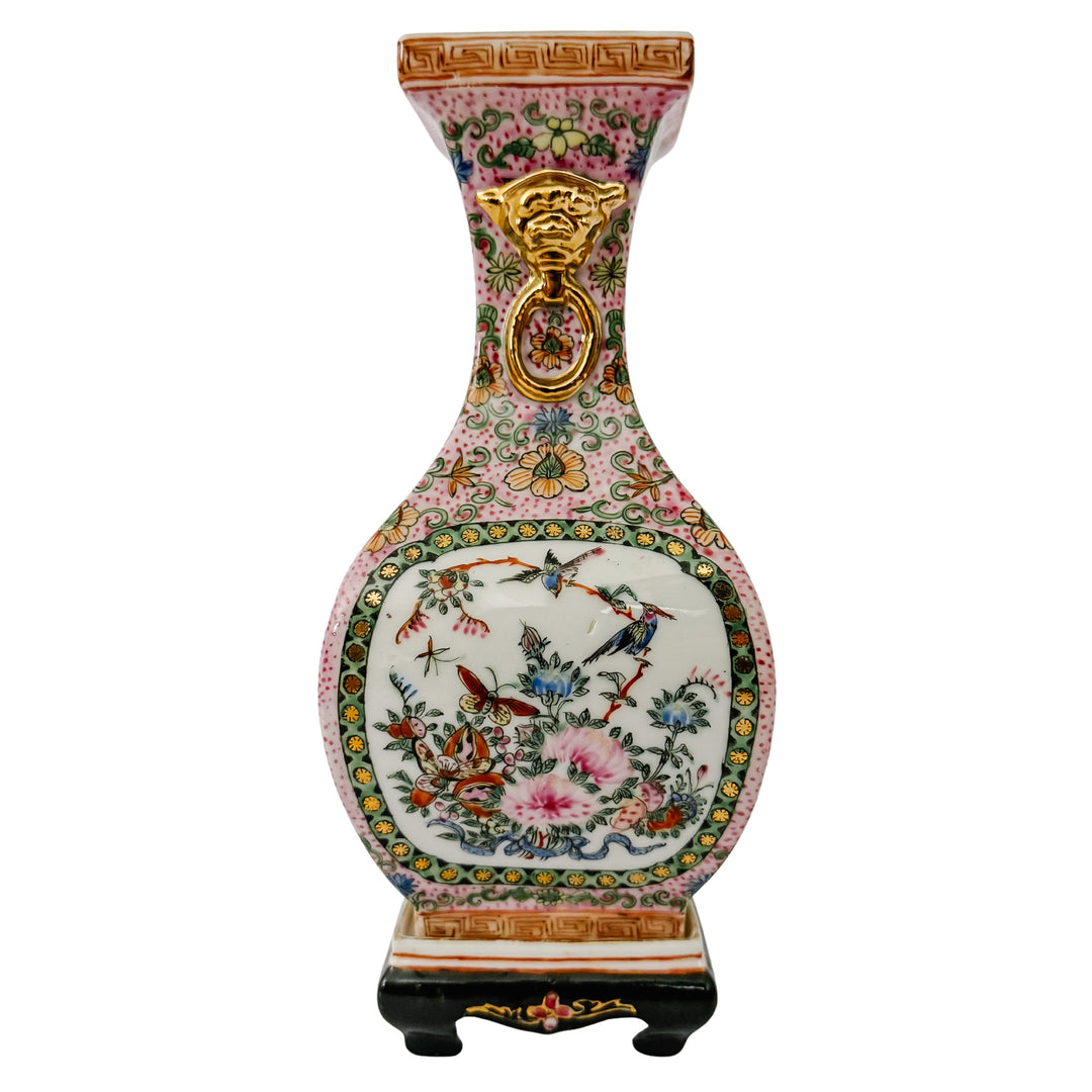 Pair of Vintage Chinese Famille Rose Petite Square Baluster Vases With Removable Stands