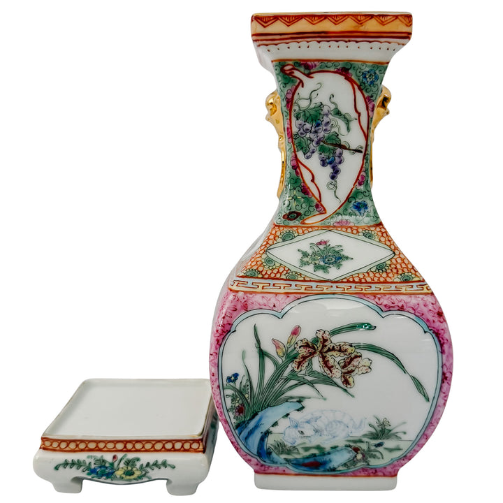Pair of Vintage Chinese Famille Rose Petite Square Baluster Vases With Removable Stands