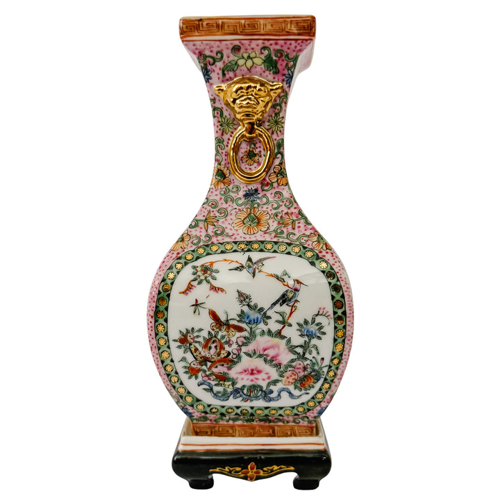 Pair of Vintage Chinese Famille Rose Petite Square Baluster Vases With Removable Stands
