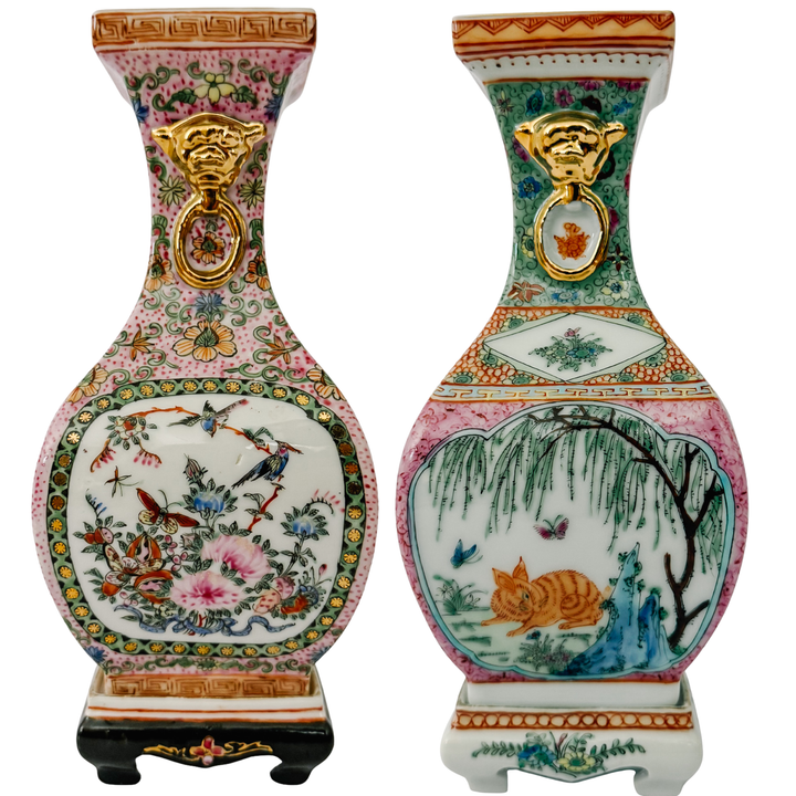 Pair of Vintage Chinese Famille Rose Petite Square Baluster Vases With Removable Stands