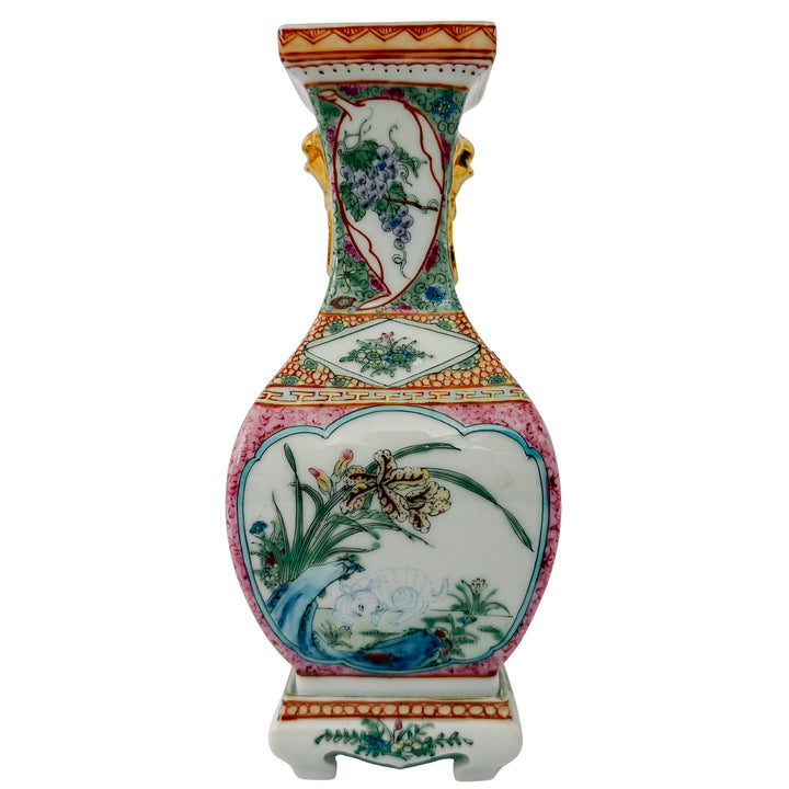 Pair of Vintage Chinese Famille Rose Petite Square Baluster Vases With Removable Stands