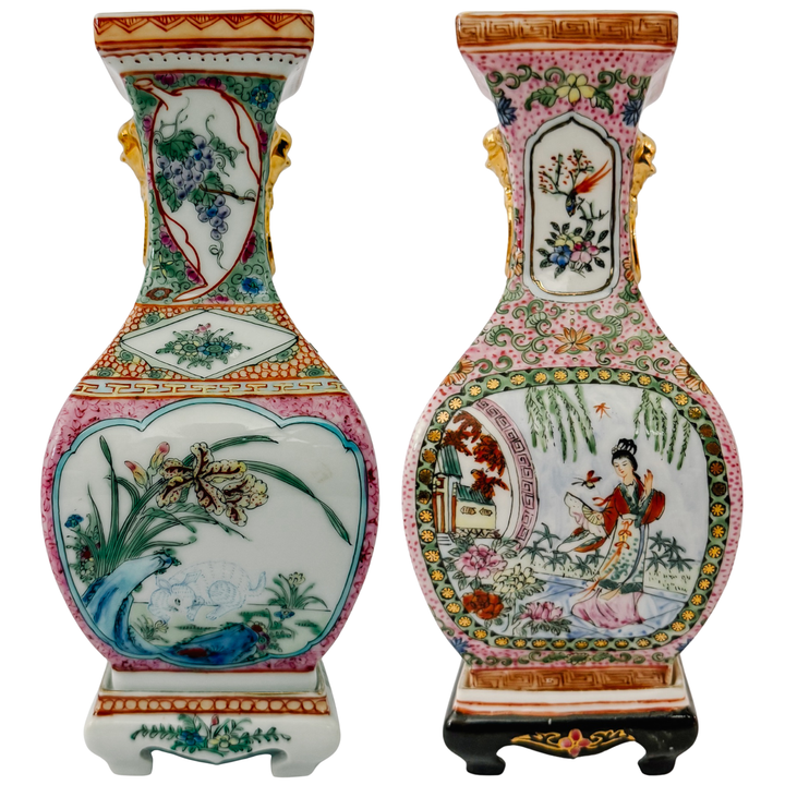 Pair of Vintage Chinese Famille Rose Petite Square Baluster Vases With Removable Stands