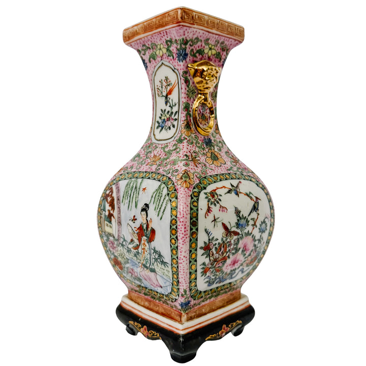 Pair of Vintage Chinese Famille Rose Petite Square Baluster Vases With Removable Stands