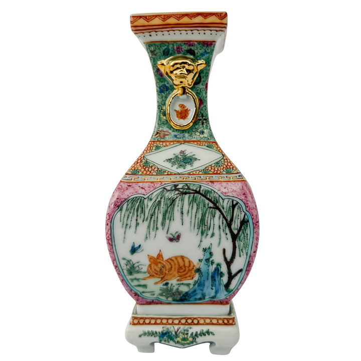 Pair of Vintage Chinese Famille Rose Petite Square Baluster Vases With Removable Stands
