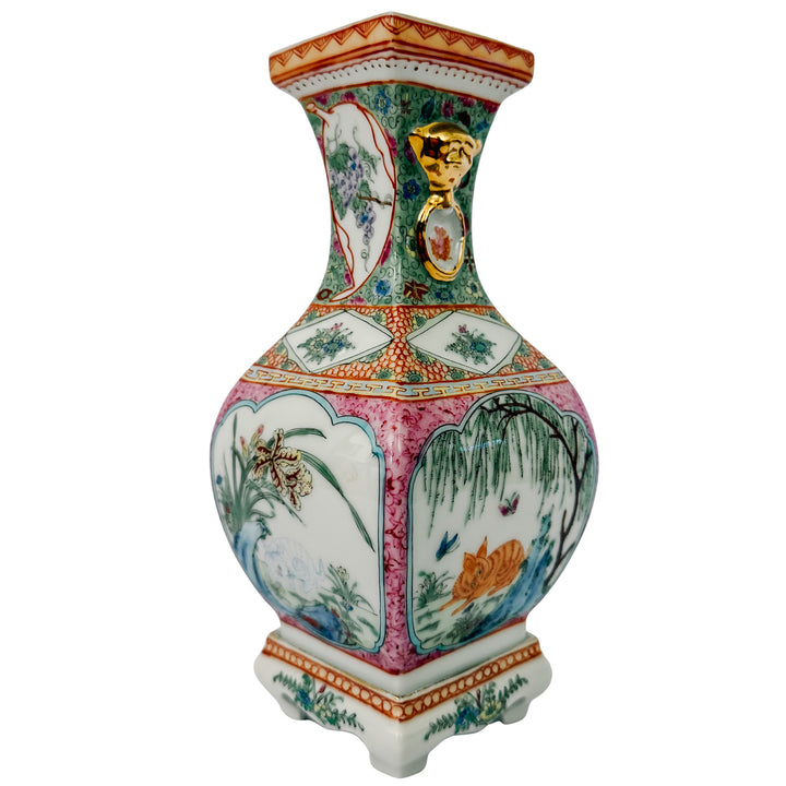 Pair of Vintage Chinese Famille Rose Petite Square Baluster Vases With Removable Stands