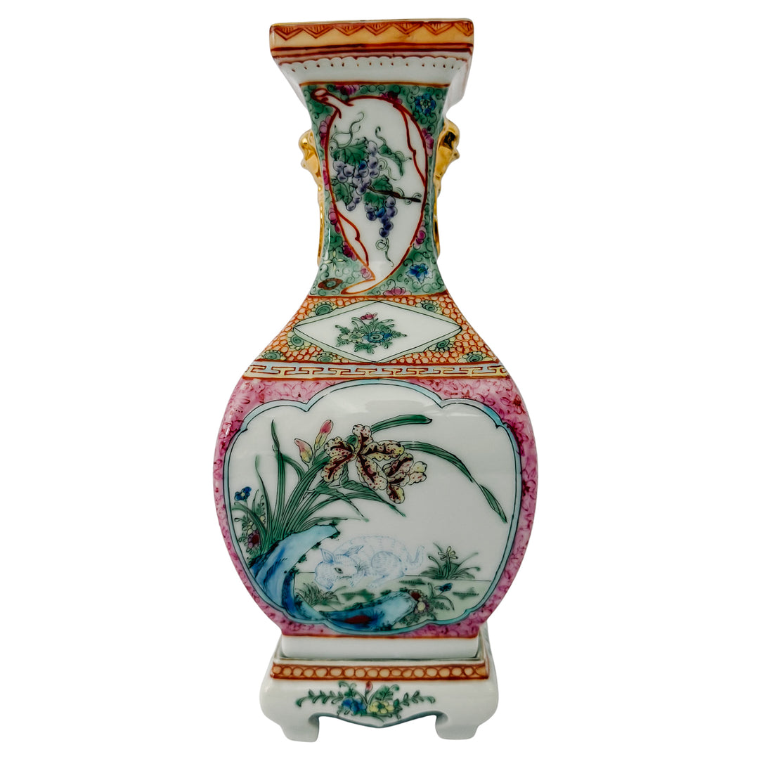 Pair of Vintage Chinese Famille Rose Petite Square Baluster Vases With Removable Stands