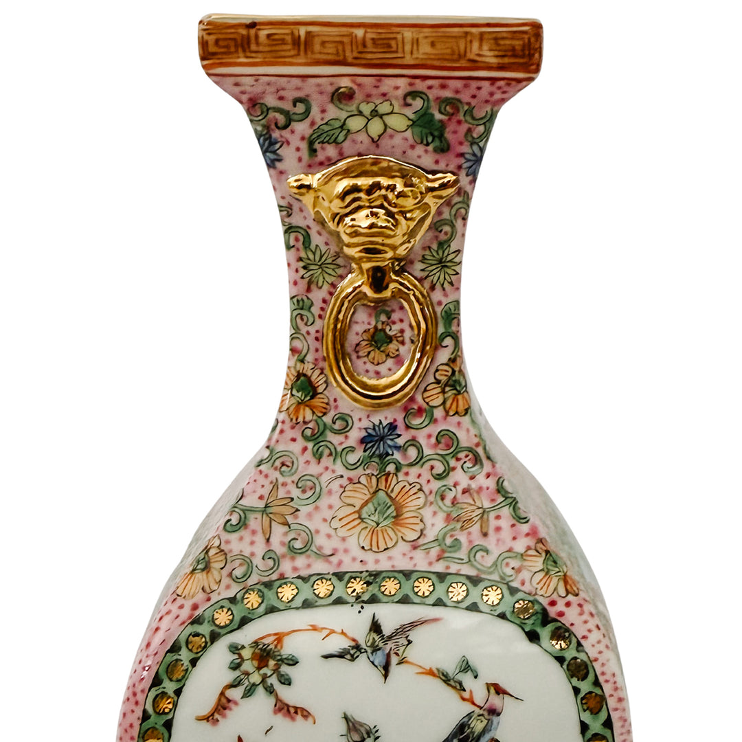 Pair of Vintage Chinese Famille Rose Petite Square Baluster Vases With Removable Stands