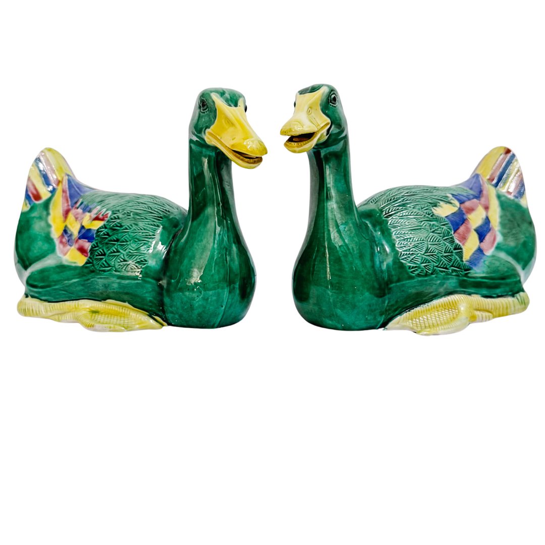 Mid-Century Chinese Emerald Green Glazed Ceramic Duck Figurines