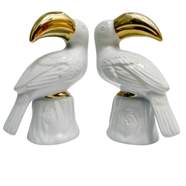 Pair of Vintage Hollywood Regency White Porcelain & Gold Gilt Toucan Bookends