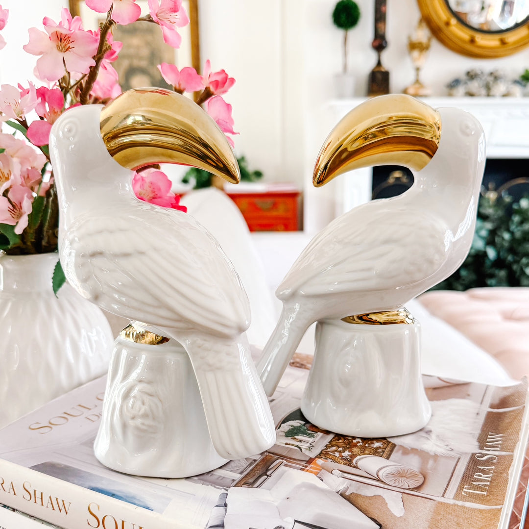 Pair of Vintage Hollywood Regency White Porcelain & Gold Gilt Toucan Bookends