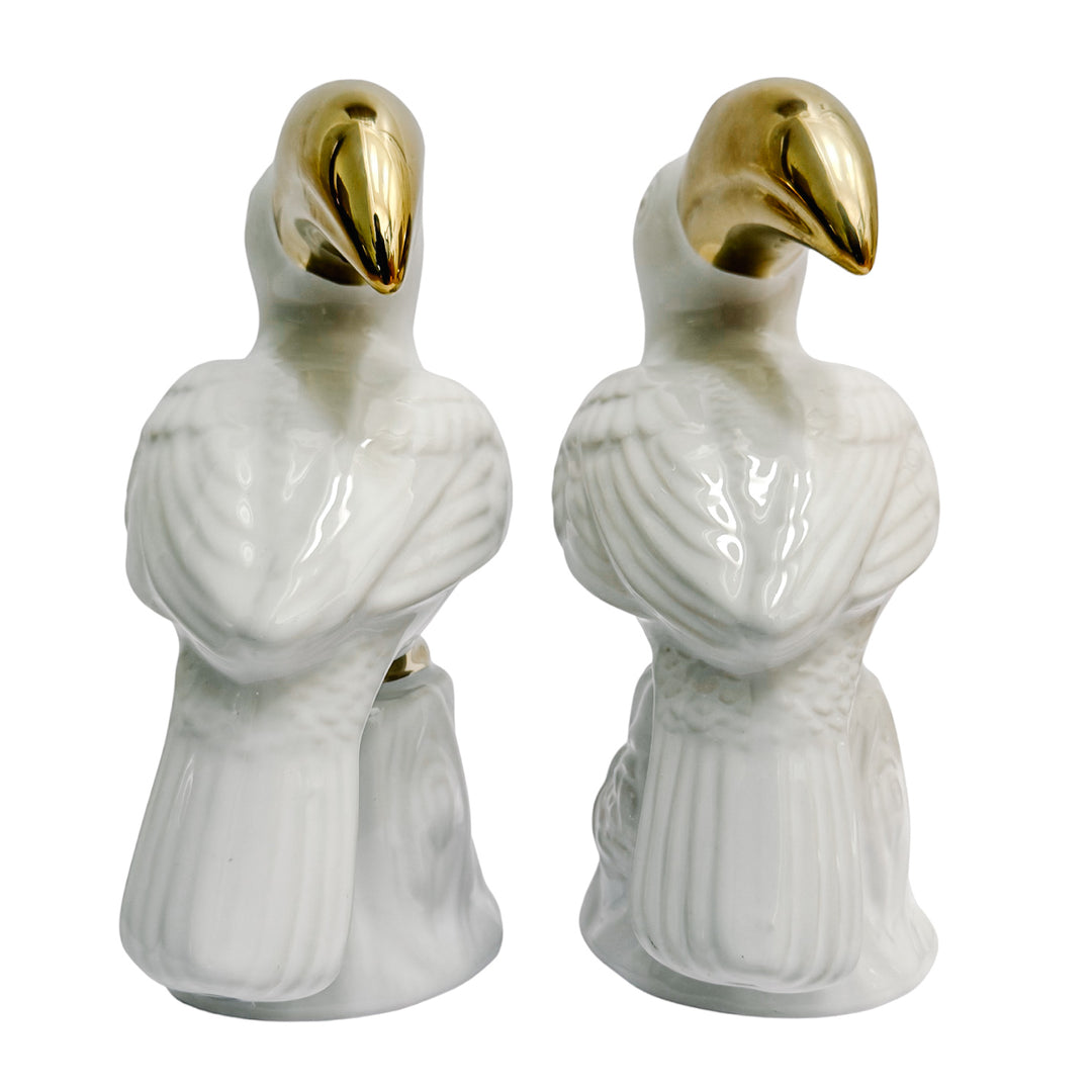 Pair of Vintage Hollywood Regency White Porcelain & Gold Gilt Toucan Bookends