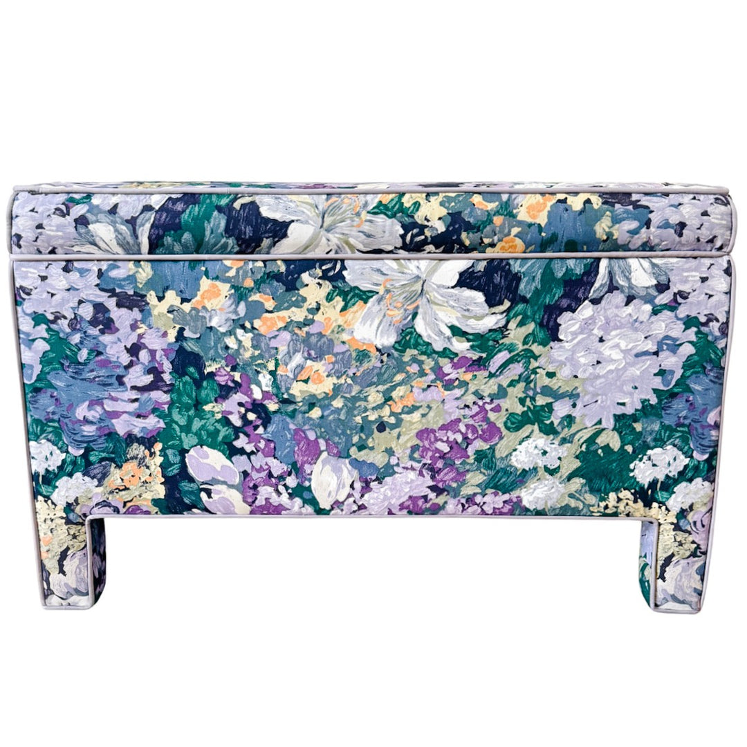 Pair of Vintage Impressionist Floral Upholstered Parsons Style Bench Ottomans