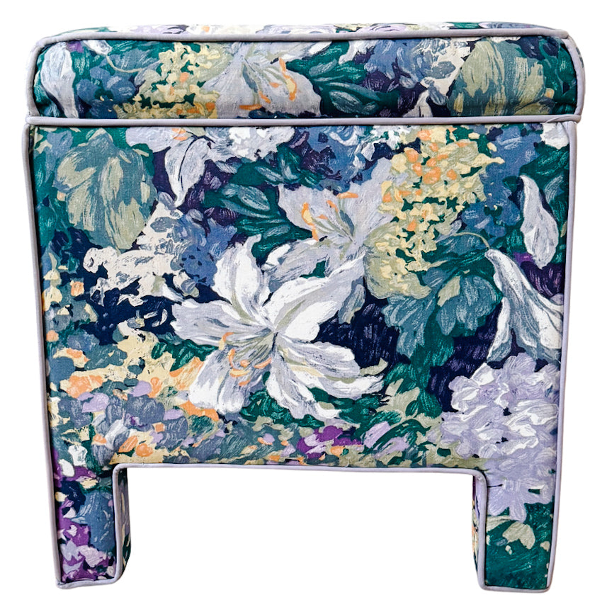 Pair of Vintage Impressionist Floral Upholstered Parsons Style Bench Ottomans