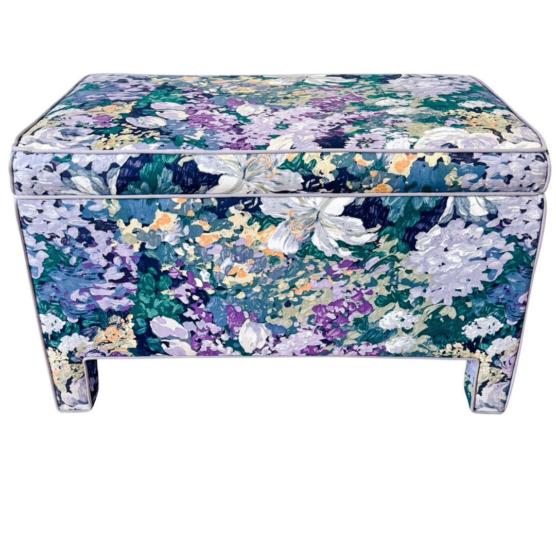 Pair of Vintage Impressionist Floral Upholstered Parsons Style Bench Ottomans