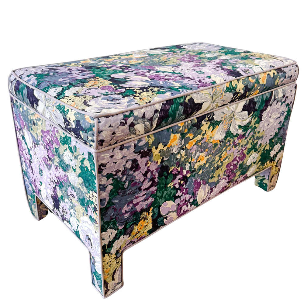 Pair of Vintage Impressionist Floral Upholstered Parsons Style Bench Ottomans